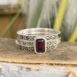 925 Sterling Garnet & Marcasite Stacking Ring Set 7.5​